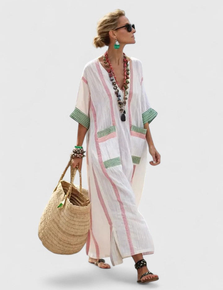 Margaux Bellerive | V-Neck Kaftan Maxi Dress with Stripe Detail