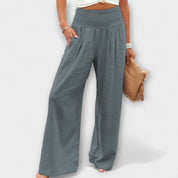 Roseline Beaupré | Coral Wide-Leg Linen Trousers with Smocked Waist