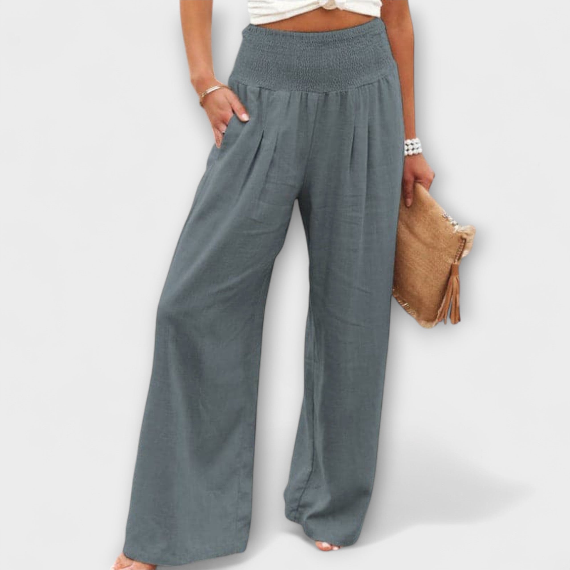 Roseline Beaupré | Coral Wide-Leg Linen Trousers with Smocked Waist