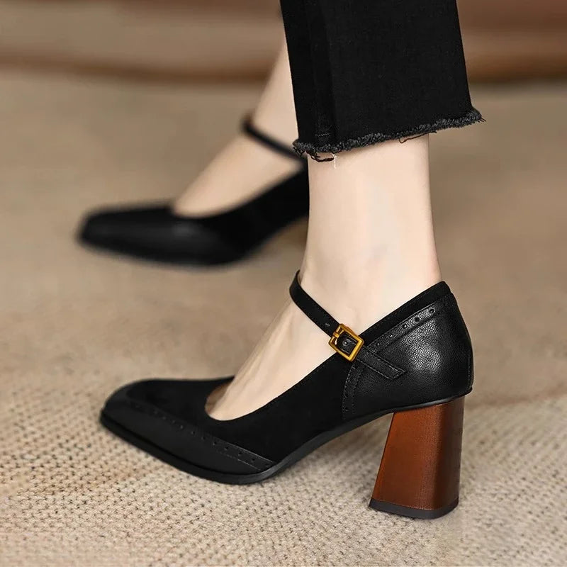 Séraphine Wentmoor | Brown Square Toe Block Heel Mary Jane Pumps