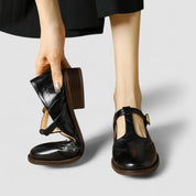 Aurelie Sinclair | Cream Leather T-Strap Brogue Mary Jane Flats