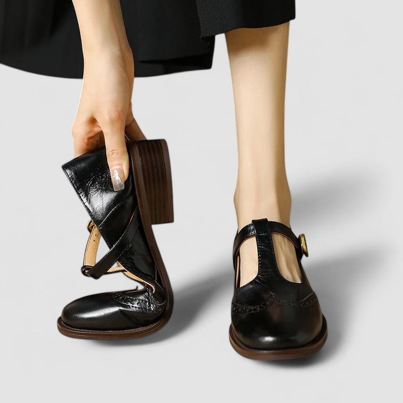 Aurelie Sinclair | Cream Leather T-Strap Brogue Mary Jane Flats