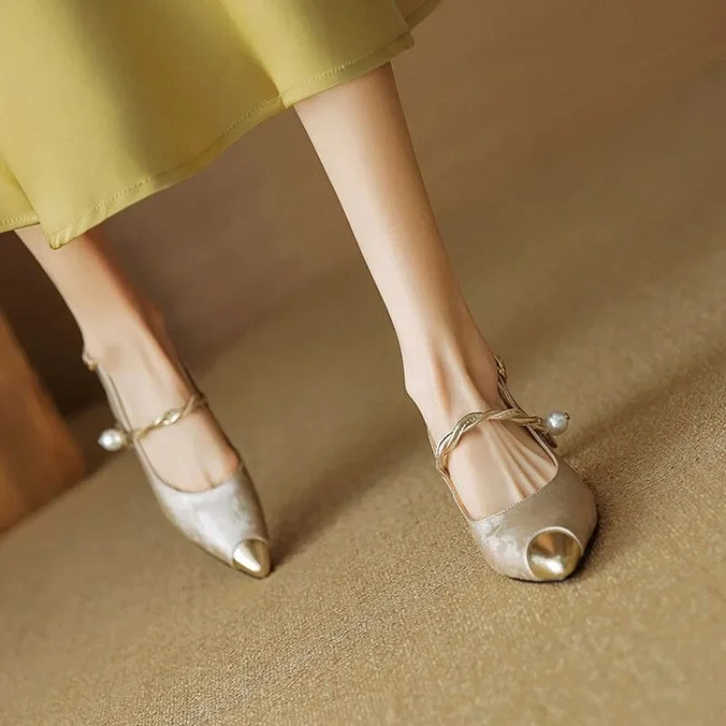 Vivienne Saintcourt | Green Floral Jacquard Pearl Strap Slingback Kitten Heel