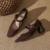 Elaine Beauchêne | Suede Mary Jane Block Heel in Brown