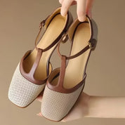 Vivienne Dawnfort | Cream Perforated T-Strap Block Heel Pumps