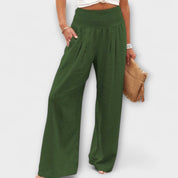 Roseline Beaupré | Coral Wide-Leg Linen Trousers with Smocked Waist