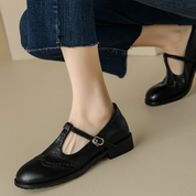 Colette Fairverne | Brown Brogue T-Strap Mary Jane Low Block Heel