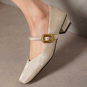 Sylvaine Delcroix | Velvet Mary Jane Block Heels with Gold Buckle