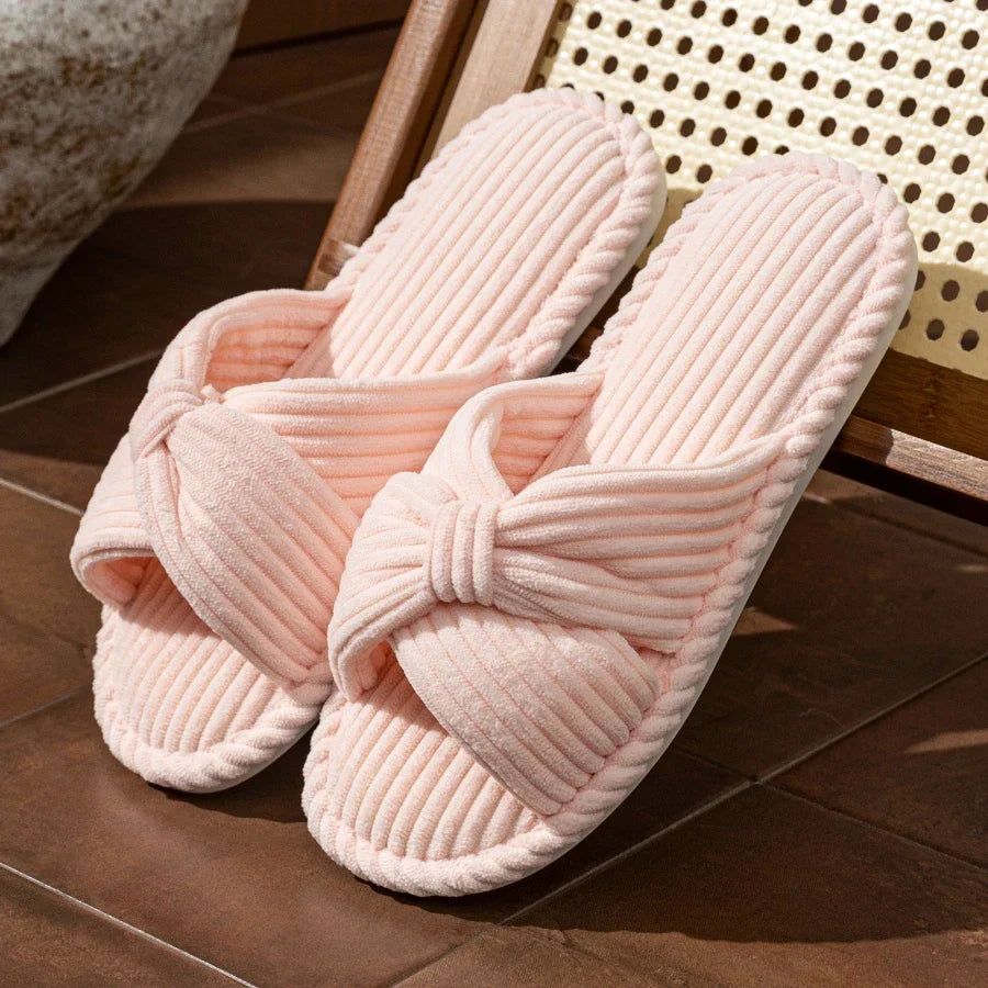Emmeline Chartreuse | Corduroy Bow Slide Slippers in Cream