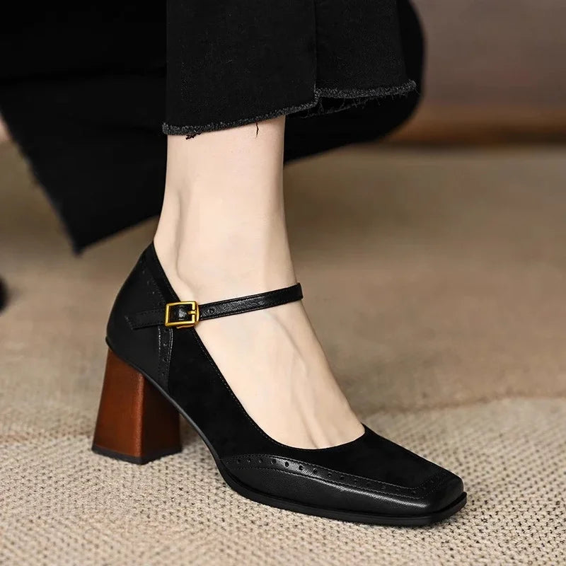 Séraphine Wentmoor | Brown Square Toe Block Heel Mary Jane Pumps