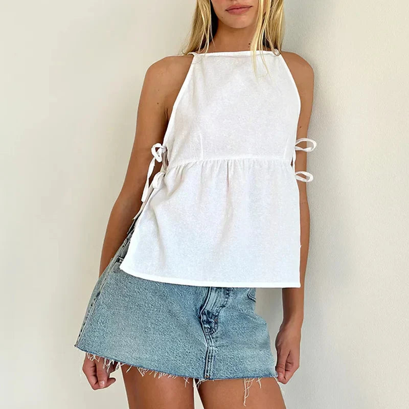 Celeste Dunmore | Plaid Sleeveless Peplum Tank Top with Bow Ties