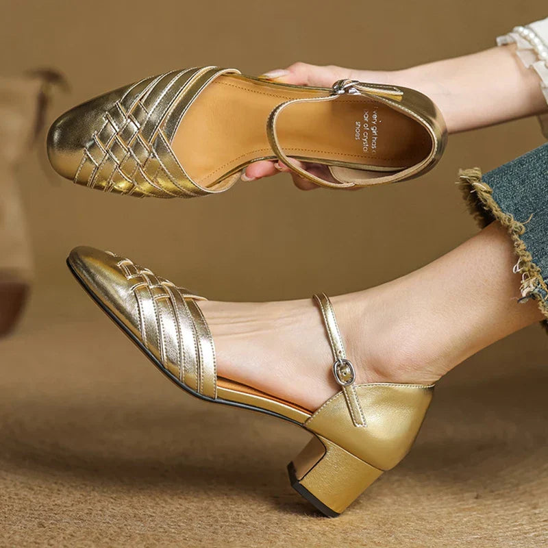 Clothilde Ravenspark | Woven Genuine Leather Block Heel Pumps