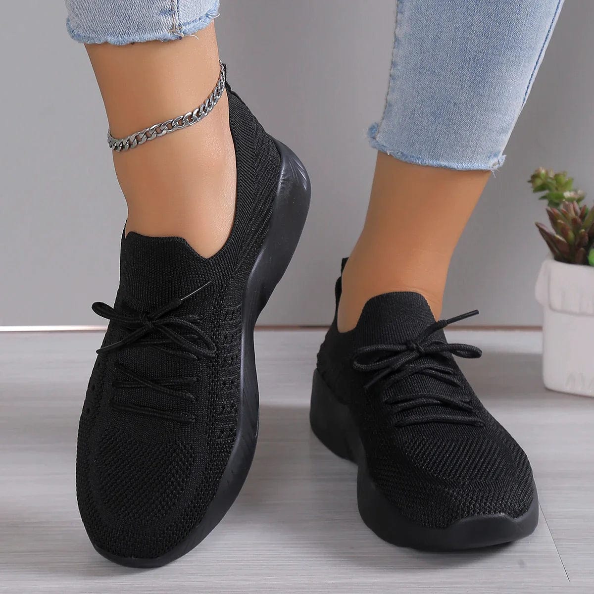 Natalie Wrenthorpe | Black Knit Lace-Up Ortho Sneakers
