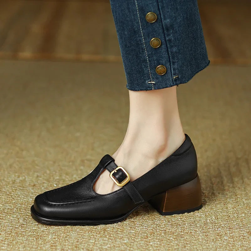 Céleste Fontarrive | Women's T-Strap Mary Jane Flats Square Toe Low Block Heel