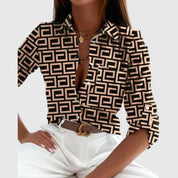 Améline Vosbourne | Geometric Print Long Sleeve Button-Up Blouse
