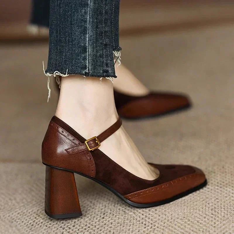 Séraphine Wentmoor | Brown Square Toe Block Heel Mary Jane Pumps