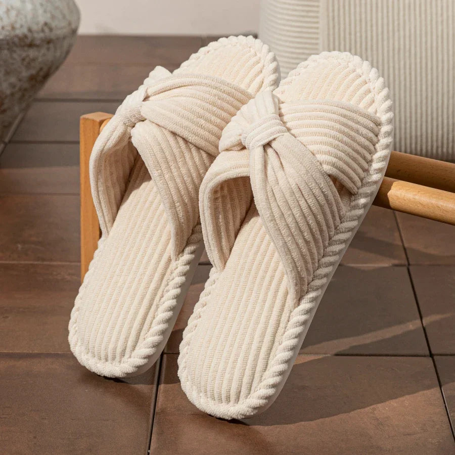 Emmeline Chartreuse | Corduroy Bow Slide Slippers in Cream