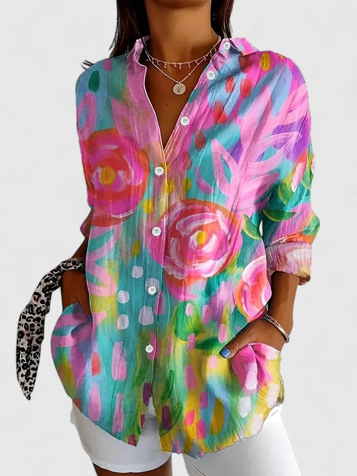 Vivette Sanclair | Colorful Floral Print Long Sleeve Button-Up Blouse