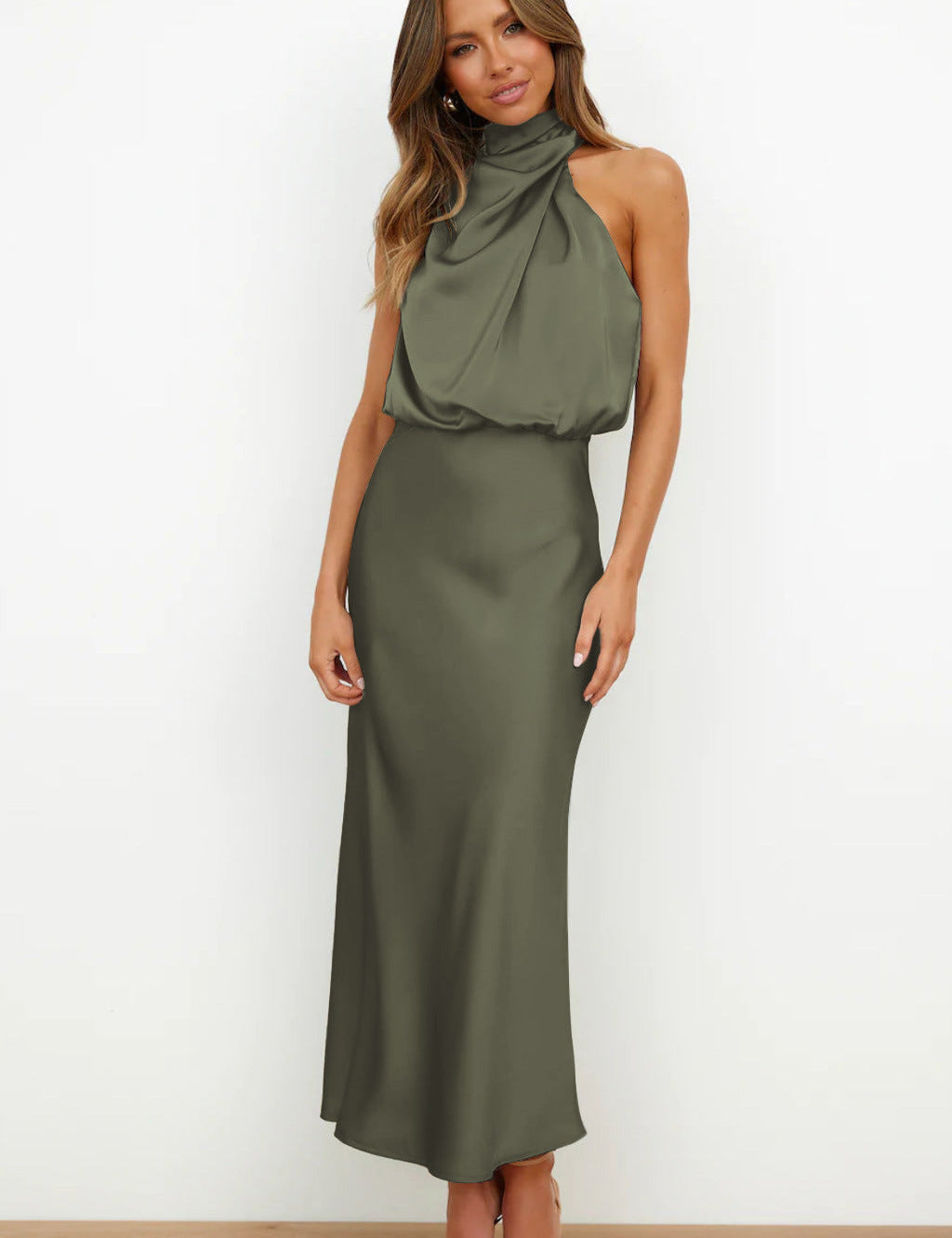 Théodeline Beauvaux | Sage Green Satin Halter Midi Dress