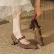 Elaine Beauchêne | Suede Mary Jane Block Heel in Brown