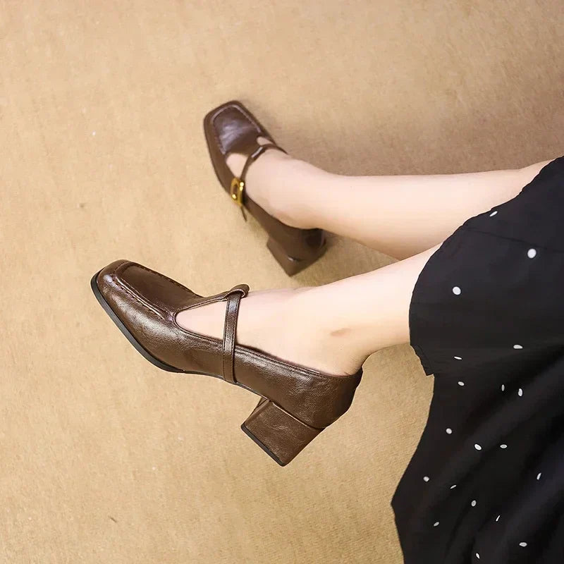 Marcelle Vaubourne | Brown Square Toe Mary Jane Block Heel