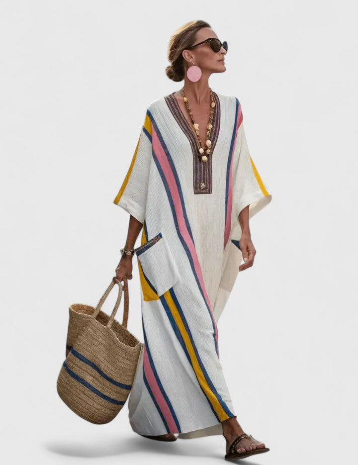 Margaux Bellerive | V-Neck Kaftan Maxi Dress with Stripe Detail