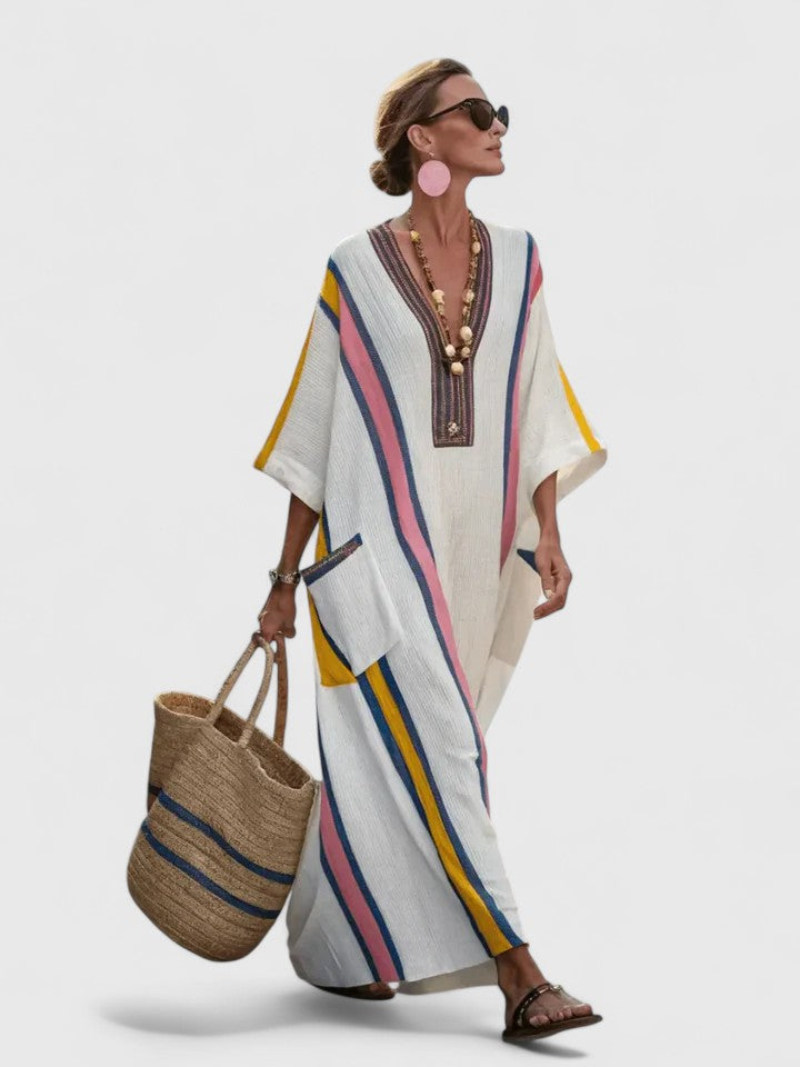 Célimène Ravensford | White Striped V-Neck Maxi Dress