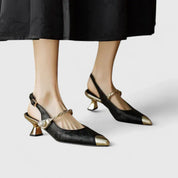 Rosalind Fontenay | Green Floral Jacquard Kitten Heel Slingback with Pearl Strap