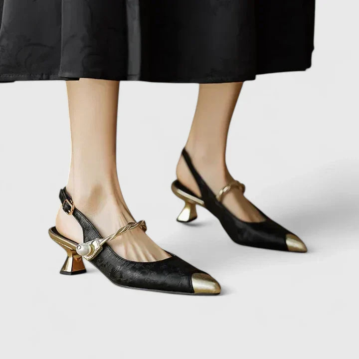 Rosalind Fontenay | Green Floral Jacquard Kitten Heel Slingback with Pearl Strap