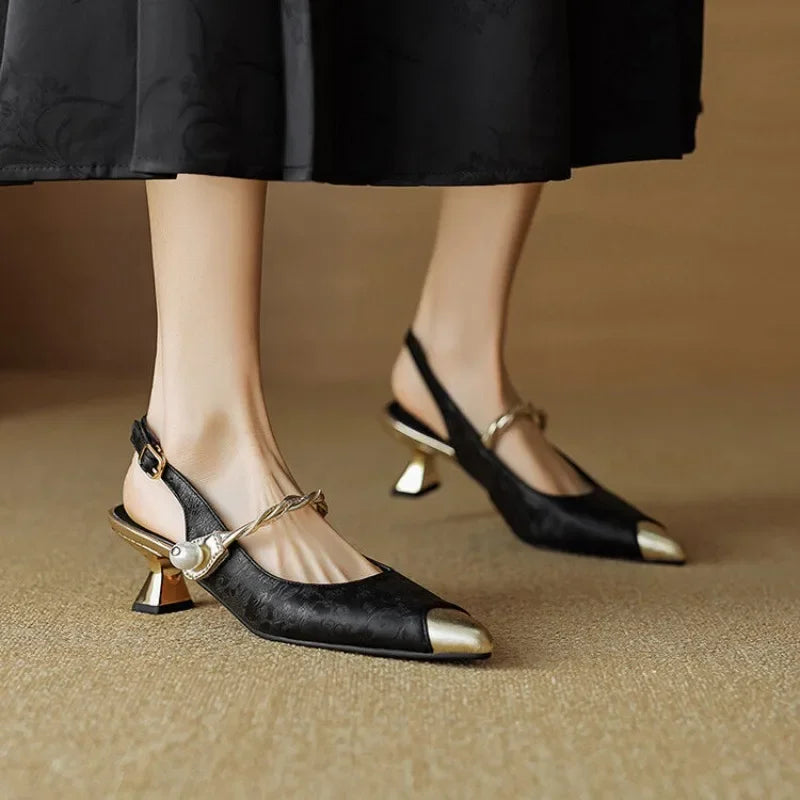 Vivienne Saintcourt | Green Floral Jacquard Pearl Strap Slingback Kitten Heel