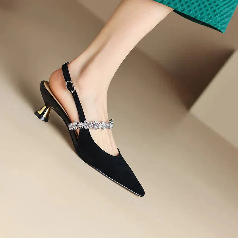 Cosette Wyndham | Silver Crystal Strap Slingback Pointed Toe Heels