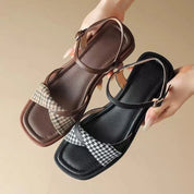Corinna Beausoleil | Houndstooth Flat Ankle Strap Sandals