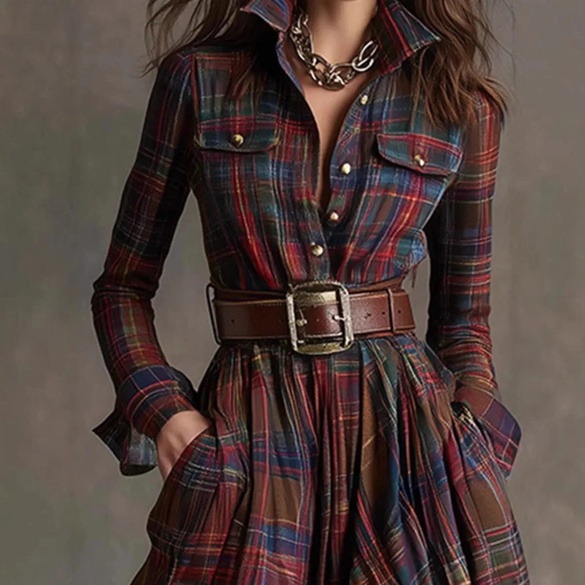 Constance Beaurivage | Tartan Plaid Maxi Shirt Dress with Belt