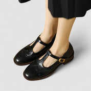 Aurelie Sinclair | Cream Leather T-Strap Brogue Mary Jane Flats