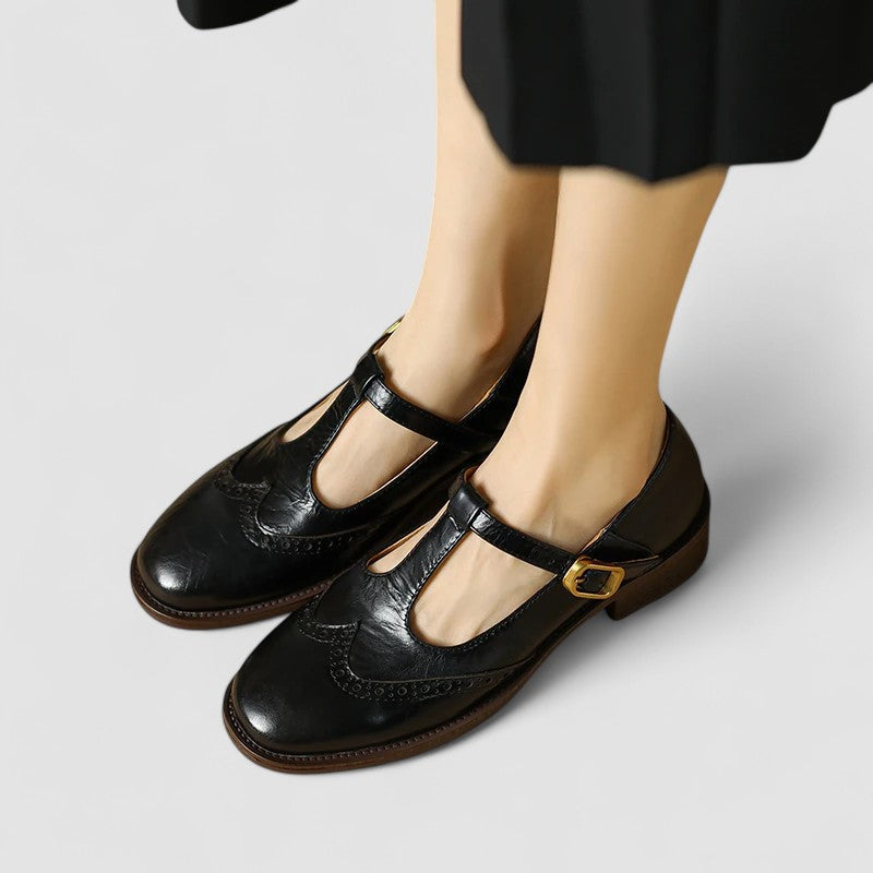 Aurelie Sinclair | Cream Leather T-Strap Brogue Mary Jane Flats