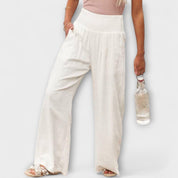 Roseline Beaupré | Coral Wide-Leg Linen Trousers with Smocked Waist