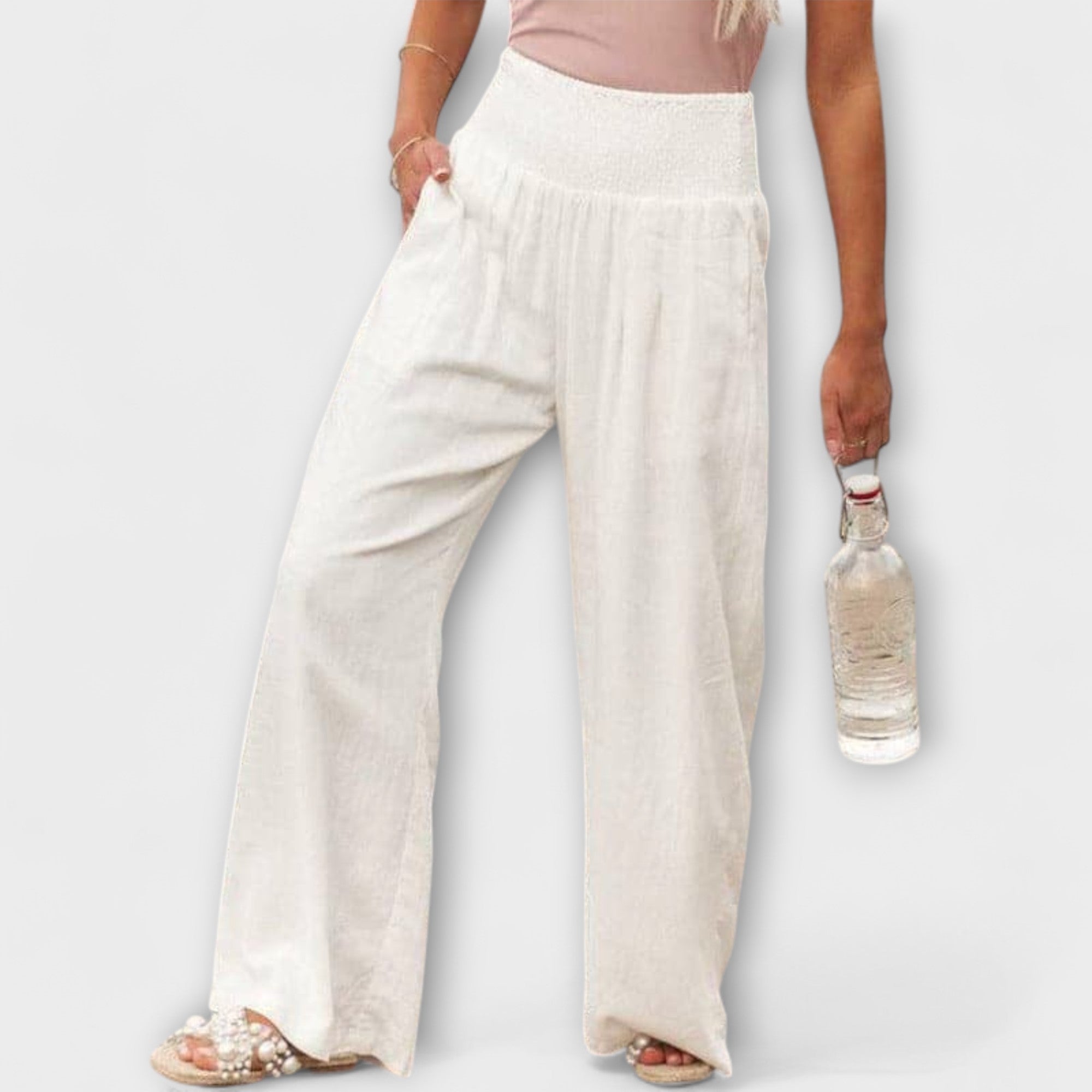 Roseline Beaupré | Coral Wide-Leg Linen Trousers with Smocked Waist
