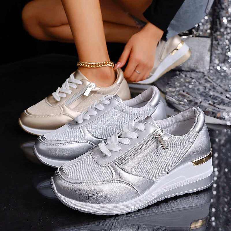 Marguerite Solvaine | Silver Metallic Platform Sneakers with Side Zipper
