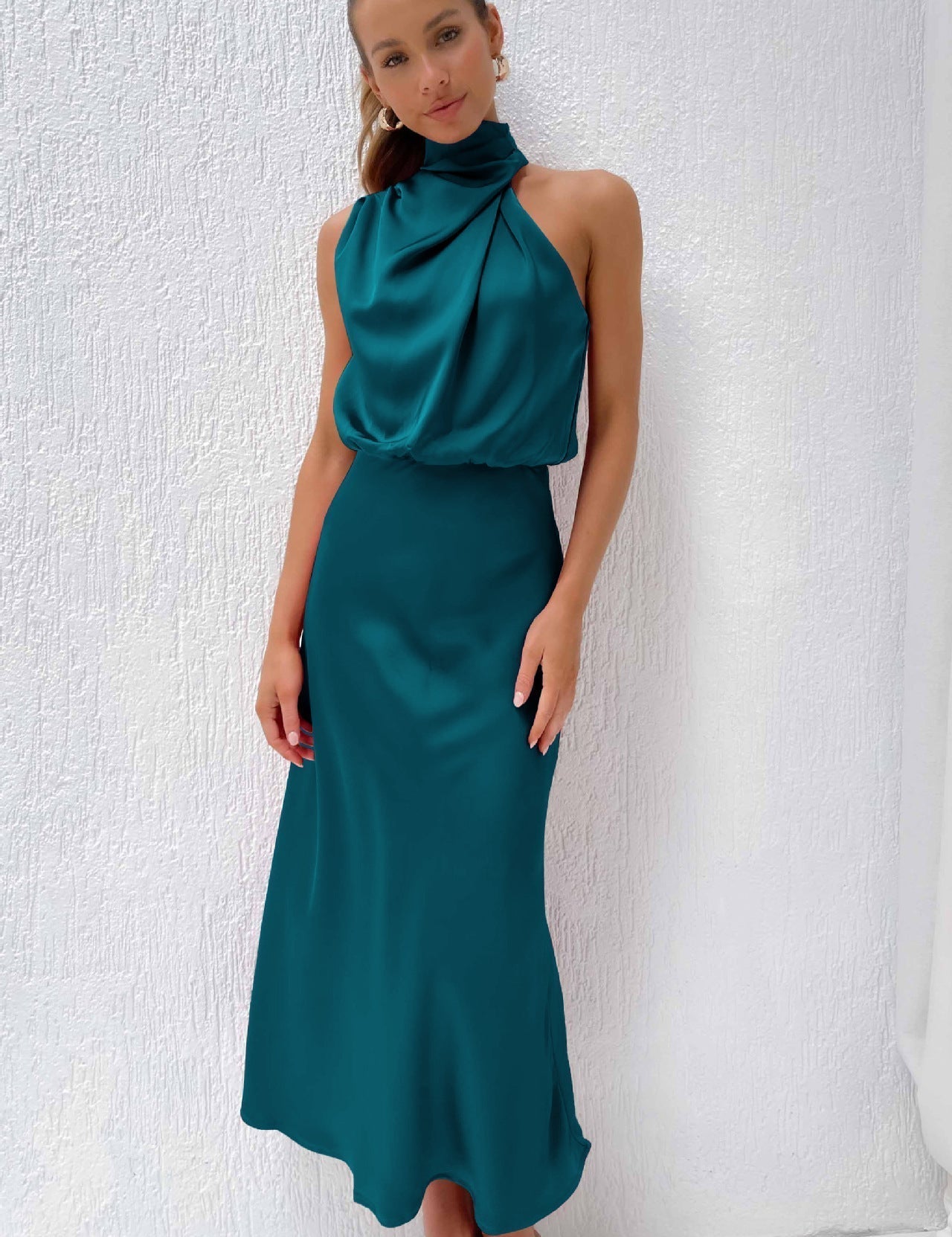 Théodeline Beauvaux | Sage Green Satin Halter Midi Dress