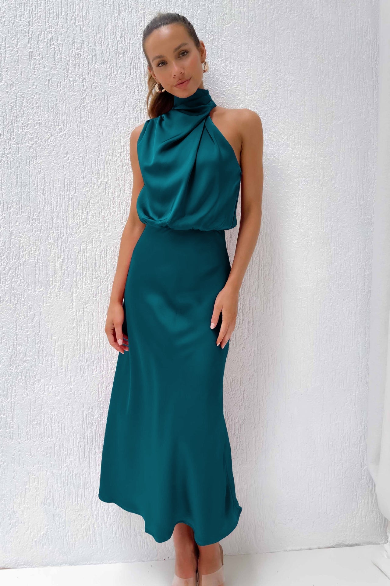Théodeline Beauvaux | Sage Green Satin Halter Midi Dress