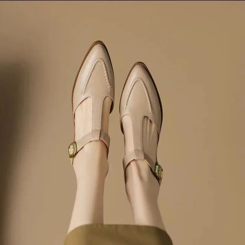 Camille Beauverne | T-Strap Buckle Flat in Tan Leather