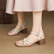 Lavinia Chesterfield | Cream Leather Strappy Block Heel Sandals
