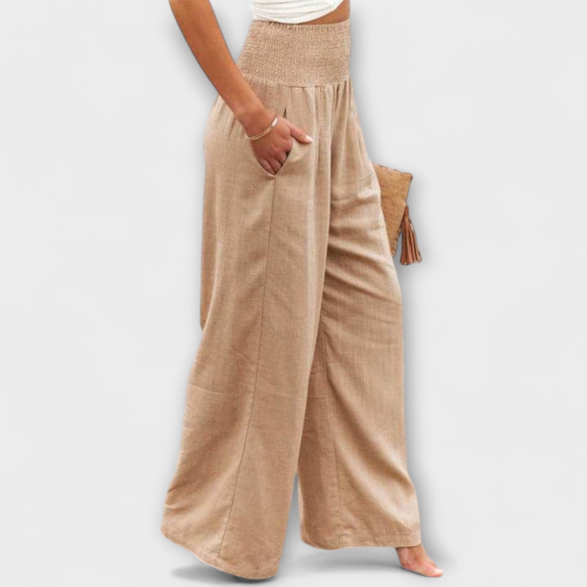 Roseline Beaupré | Coral Wide-Leg Linen Trousers with Smocked Waist