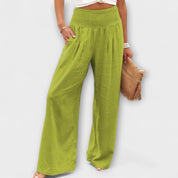 Roseline Beaupré | Coral Wide-Leg Linen Trousers with Smocked Waist