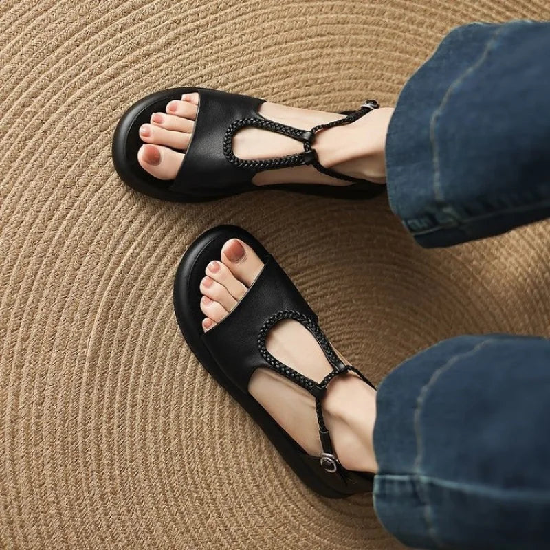 Isabelle Vanthorpe | Black Braided T-Strap Flat Sandals
