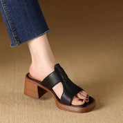 Felicity Armand | Black Leather Block Heel Mule Sandals
