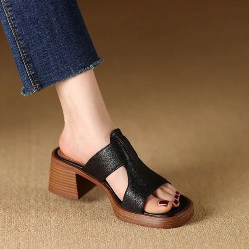 Felicity Armand | Black Leather Block Heel Mule Sandals