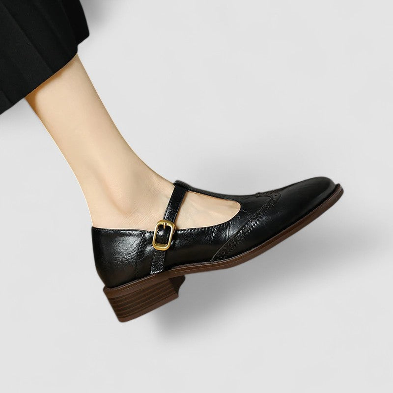 Aurelie Sinclair | Cream Leather T-Strap Brogue Mary Jane Flats