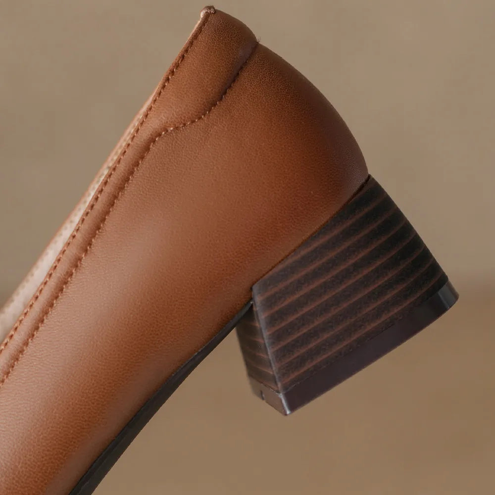 Vivienne Lacombe | Brown Genuine Leather Low Block Heel Loafers