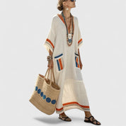 Céleste Fonrouge | Bohemian Cream Linen Maxi Dress with V-Neck